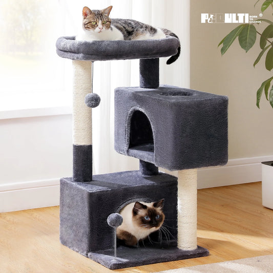 Elevate Your Cat's Playtime with the 31.5" Stylish Dark Gray Cat Tree Tower Featuring Spacious Dual Condos and Fun Accessories